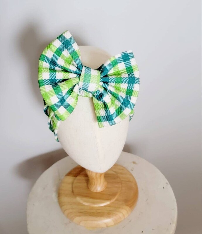 Green Plaid Knit Hair Bow - Headwrap - Clip - Pigtail - Headband - Saint Patrick - Good Luck - St Patty - Green - Tartan - Lime